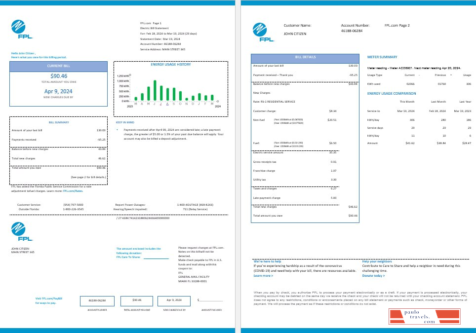USA FPL  electricity utility bil Word and PDF formats, 2 pages, version 2